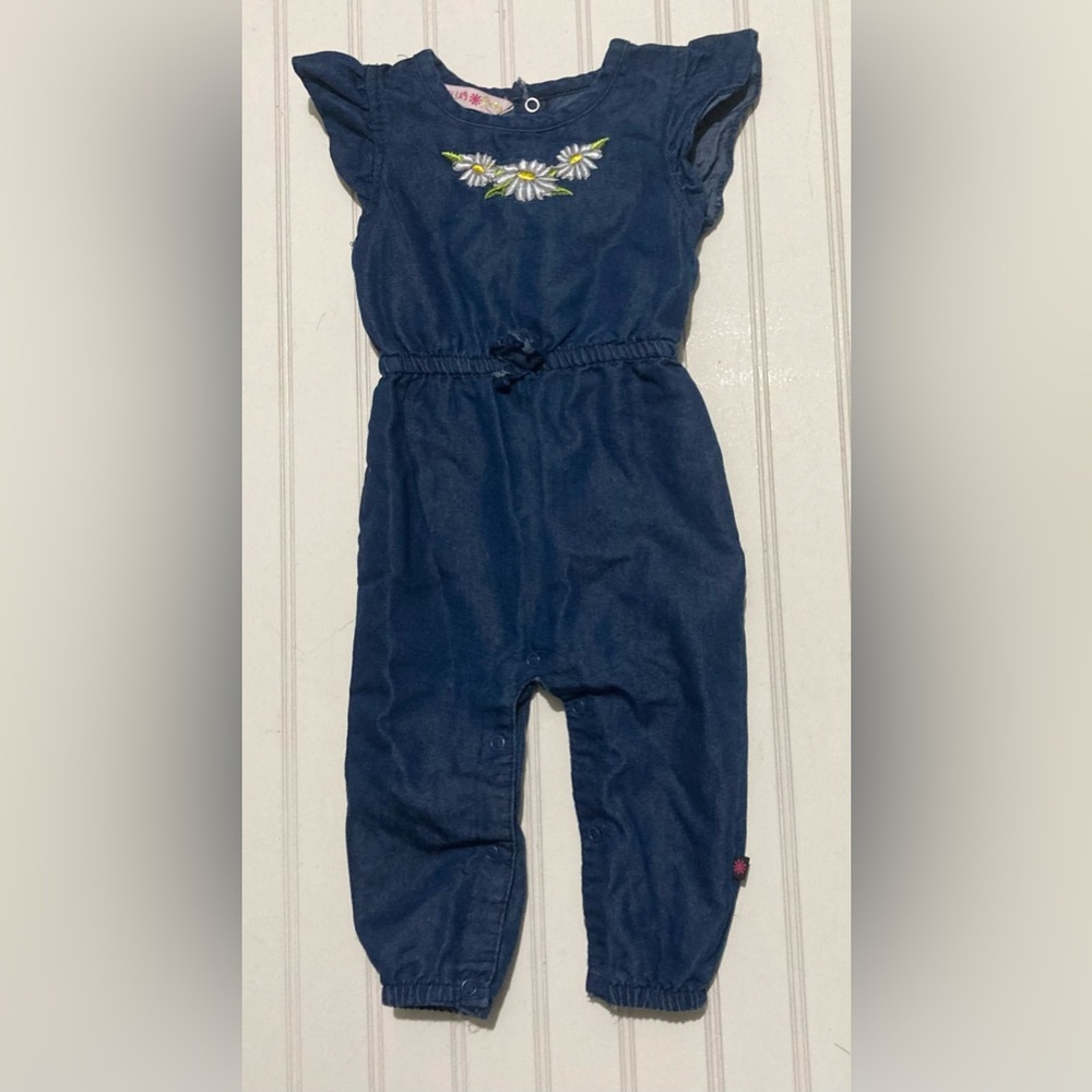 Delia’s Baby Denim Romper Long Pants Sleeveless Size‎ 12 Months Dark Blue Snaps